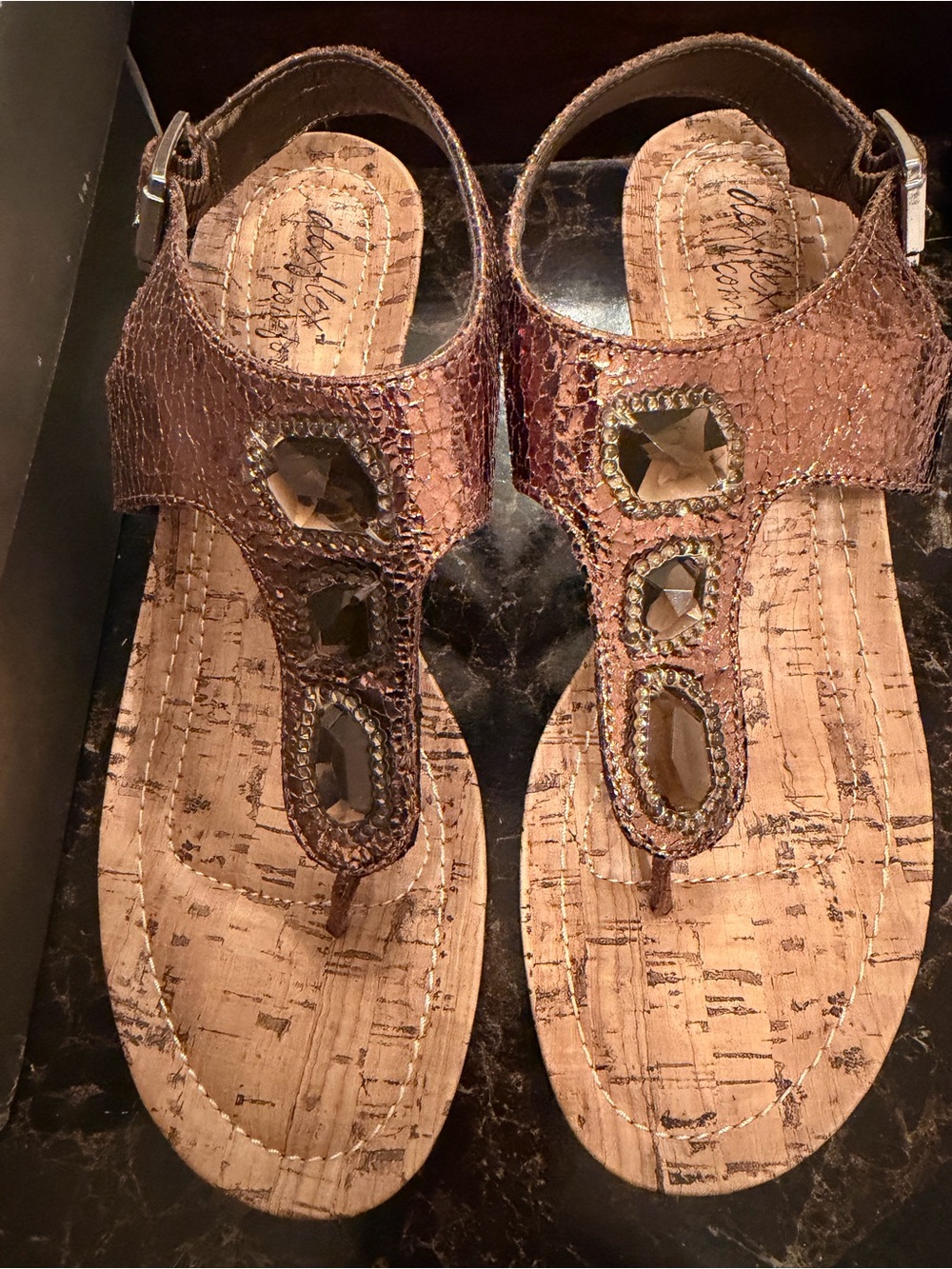 Dexflex Comfort Coquitlam-Cork Wedge Sandals Brown Embellished Thong - Picture 2 of 5